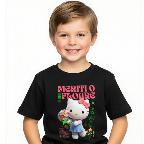 Tricou Copii cu Hello Kitty - Flori din Lumea Disney 100% Bumbac, Negru, 12 Ani [1]