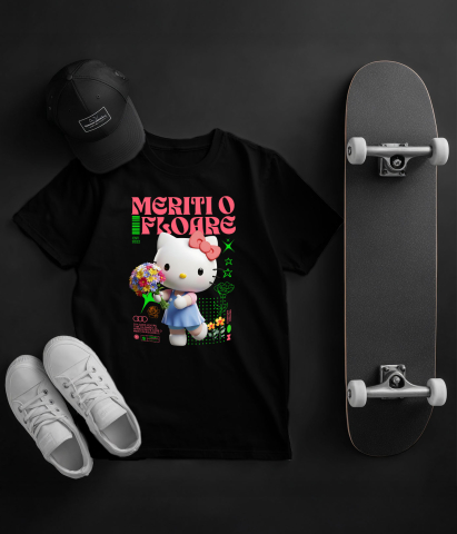 Tricou Copii cu Hello Kitty - Flori din Lumea Disney 100% Bumbac, Negru, 12 Ani [4]