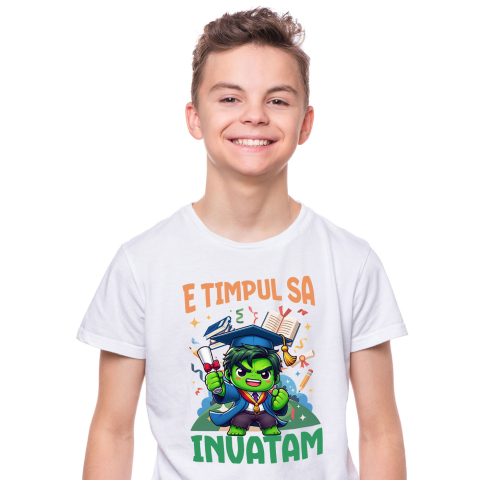 Educatie - Tricou Copii cu Hulk: Invata si Zambeste in Aventuri Superputernice 100% Bumbac, Alb, 10 Ani