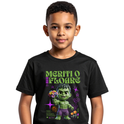 Tricouri - Tricou Copii cu Hulk si Flori din Lumea Disney 100% Bumbac, Negru, 12 Ani