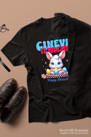 Tricou Femei, Barbati, Copii, Fata, Baiat, Unisex Personalizat "Iepure Alb cu Ochii Albastri și Oua Colorate – Paște Fericit și Dragoste în Sărbători" [2]