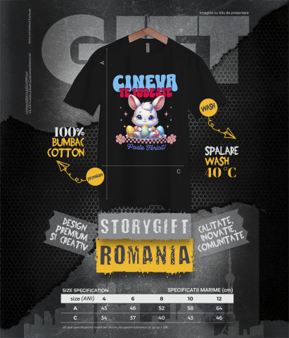 Tricou Femei, Barbati, Copii, Fata, Baiat, Unisex Personalizat "Iepure Alb cu Ochii Albastri și Oua Colorate – Paște Fericit și Dragoste în Sărbători" [5]