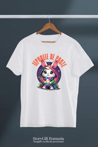 Tricou Femei, Barbati, Copii, Fata, Baiat, Unisex Personalizat "Iepure Alb Cu Pelerină Multicolor și Papion - Iepurele De Paște Perfect" [2]