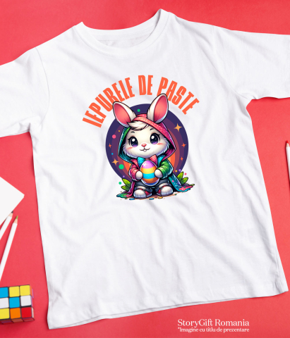Tricou Femei, Barbati, Copii, Fata, Baiat, Unisex Personalizat "Iepure Alb Cu Pelerină Multicolor și Papion - Iepurele De Paște Perfect" [4]