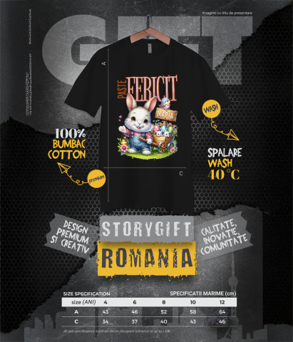 Tricou Femei, Barbati, Copii, Fata, Baiat, Unisex Personalizat "Iepure Alb Cu Salopetă De Denim și Căruț Cu Ouă Colorate - Paște Fericit Maria" [5]