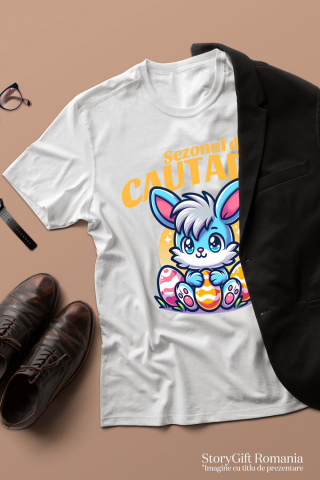 Tricou Femei, Barbati, Copii, Fata, Baiat, Unisex Personalizat "Iepure Albastru cu Freză și Ouă Colorate de Paște - Cadou pentru Copii" [2]