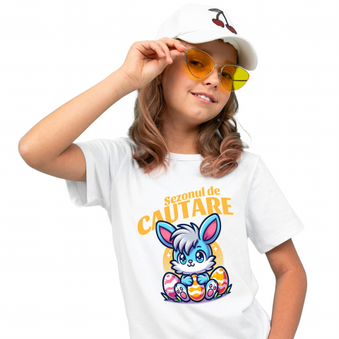 Tricouri - Tricou Femei, Barbati, Copii, Fata, Baiat, Unisex Personalizat "Iepure Albastru cu Freză și Ouă Colorate de Paște - Cadou pentru Copii"