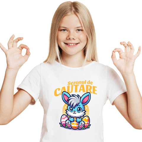 Tricou Femei, Barbati, Copii, Fata, Baiat, Unisex Personalizat "Iepure Albastru cu Freză și Ouă Colorate de Paște - Cadou pentru Copii"