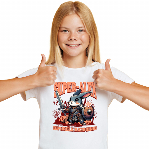 Tricou Femei, Barbati, Copii, Fata, Baiat, Unisex Personalizat Iepure Cavaler cu Armură, Sabie și Scut - Cadou Personalizat pentru Copii [1]