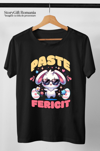 Tricou Femei, Barbati, Copii, Fata, Baiat, Unisex Personalizat "Iepure Cool Alb Cu Ochelari De Soare - Paște Fericit Cu Ouă Colorate și Flori" [4]