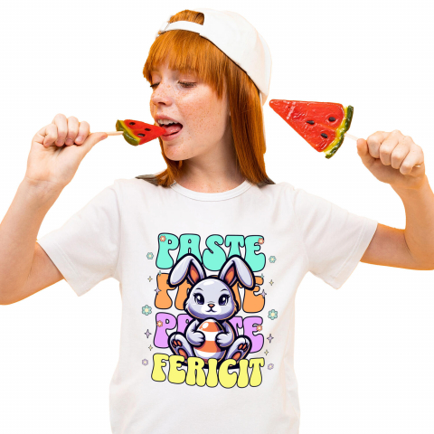 Tricou Femei, Barbati, Copii, Fata, Baiat, Unisex Personalizat "Iepure de Paște Vesel cu Ou Colorat – Paște Fericit și Sărbători Vesele"