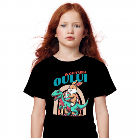 Tricou Femei, Barbati, Copii, Fata, Baiat, Unisex Personalizat "Iepure Maro Cu Oul Colorat și T-rex - Cadou Paște Creativ și Distractiv"