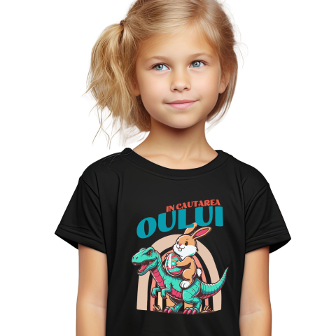 Tricou Femei, Barbati, Copii, Fata, Baiat, Unisex Personalizat "Iepure Maro Cu Oul Colorat și T-rex - Cadou Paște Creativ și Distractiv"