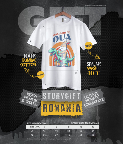 Tricou Femei, Barbati, Copii, Fata, Baiat, Unisex Personalizat "Iepurele maro cu ou colorat călărind un dinozaur T-rex aduce o notă jucăușă și veselă sărbătorilor Pascale. O imagine perfectă pentru vânătoarea de ouă Paște alături de copii și familie." [5]