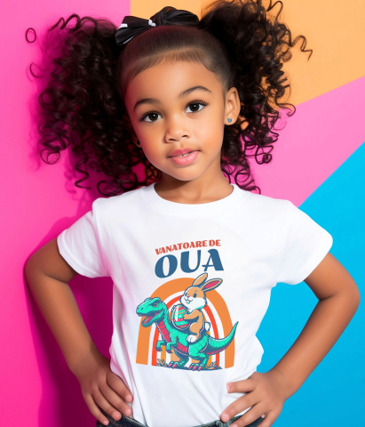 Tricou Femei, Barbati, Copii, Fata, Baiat, Unisex Personalizat "Iepurele maro cu ou colorat călărind un dinozaur T-rex aduce o notă jucăușă și veselă sărbătorilor Pascale. O imagine perfectă pentru vânătoarea de ouă Paște alături de copii și familie." [3]