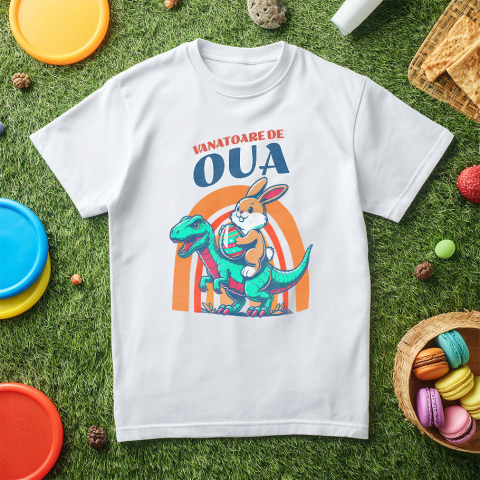 Tricou Femei, Barbati, Copii, Fata, Baiat, Unisex Personalizat "Iepurele maro cu ou colorat călărind un dinozaur T-rex aduce o notă jucăușă și veselă sărbătorilor Pascale. O imagine perfectă pentru vânătoarea de ouă Paște alături de copii și familie." [4]