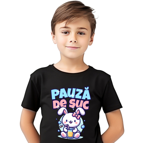 Tricou Femei, Barbati, Copii, Fata, Baiat, Unisex Personalizat „Iepure Roz cu Pahar de Suc – Pauză de Suc Copii Bule, Cadou Personalizat pentru Micuți”