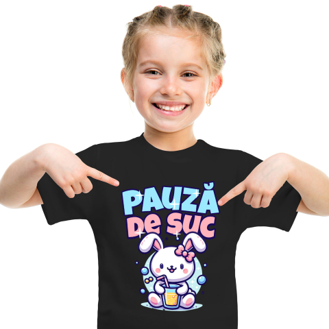 Tricou Femei, Barbati, Copii, Fata, Baiat, Unisex Personalizat „Iepure Roz cu Pahar de Suc – Pauză de Suc Copii Bule, Cadou Personalizat pentru Micuți” [1]