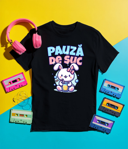 Tricou Femei, Barbati, Copii, Fata, Baiat, Unisex Personalizat „Iepure Roz cu Pahar de Suc – Pauză de Suc Copii Bule, Cadou Personalizat pentru Micuți” [4]