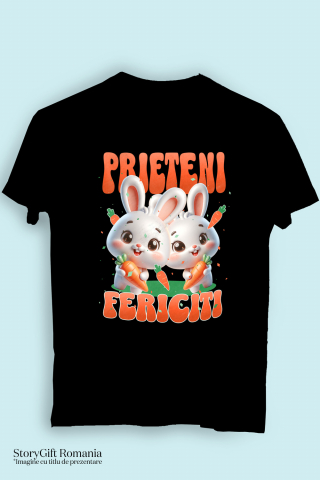 Tricou Femei, Barbati, Copii, Fata, Baiat, Unisex Personalizat "Iepuri Albi cu Morcovi - Prieteni Fericiți | Cadou Personalizat Paște" [2]