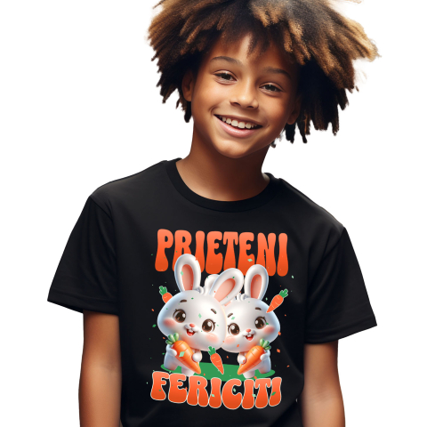 Tricou Femei, Barbati, Copii, Fata, Baiat, Unisex Personalizat "Iepuri Albi cu Morcovi - Prieteni Fericiți | Cadou Personalizat Paște"