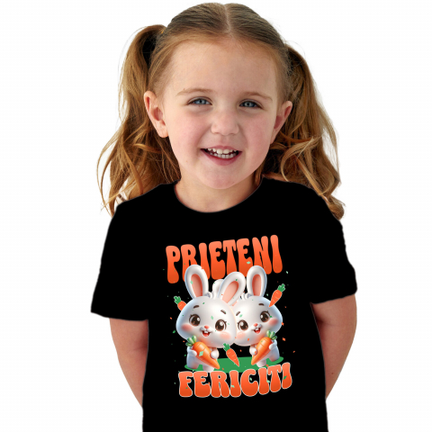 Tricou Femei, Barbati, Copii, Fata, Baiat, Unisex Personalizat "Iepuri Albi cu Morcovi - Prieteni Fericiți | Cadou Personalizat Paște"