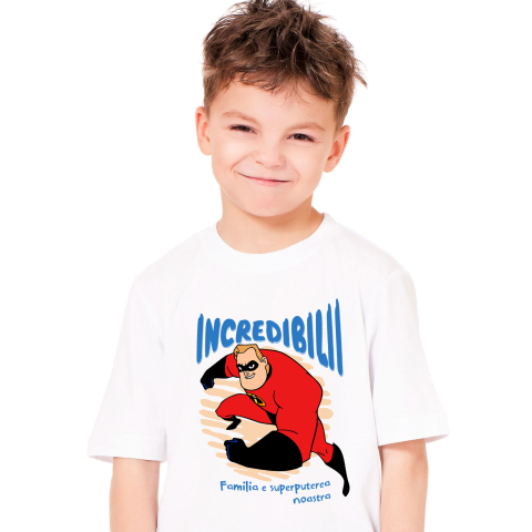 Tricouri - Tricou Copii cu Incredibilii si misiunea suprema 100% Bumbac, Alb, 12 Ani