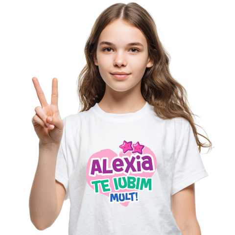 Prieteni - Tricou Femei, Barbati, Copii, Fata, Baiat, Unisex Personalizat "Inima Roz cu Stele Zâmbitoare - Cadou Personalizat pentru Alexia, Dragoste și Valentine's Day"