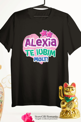 Tricou Femei, Barbati, Copii, Fata, Baiat, Unisex Personalizat "Inima Roz cu Stele Zâmbitoare - Cadou Personalizat pentru Alexia, Dragoste și Valentine's Day" [2]