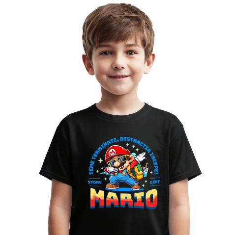 Educatie - Tricou Copii cu Invata si Creste alaturi de Mario 100% Bumbac, Negru, 12 Ani