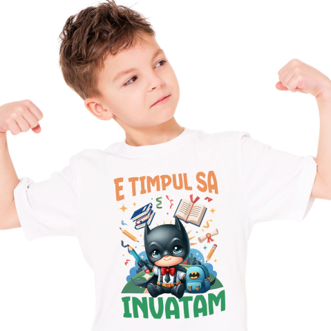 Educatie - Tricou Copii cu Invata Si Zambeste Cu Batman 100% Bumbac, Alb, 10 Ani