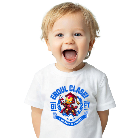 Educatie - Tricou Copii cu Iron Man – Campion Prin Curaj Si Invatare 100% Bumbac, Alb, 12 Ani