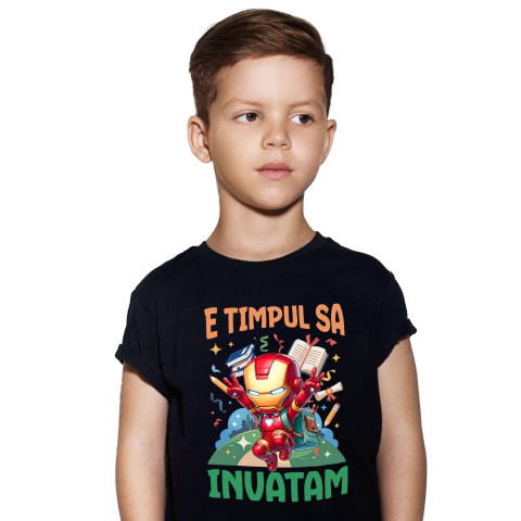 Educatie - Tricou Copii cu Iron Man: Curaj, Invataturi Si Zambete 100% Bumbac, Negru, 10 Ani