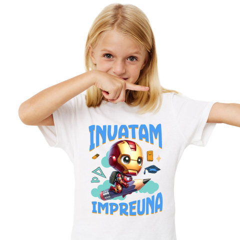 Educatie - Tricou Copii cu Iron Man si Prietenii Invata Impreuna 100% Bumbac, Alb, 8 Ani