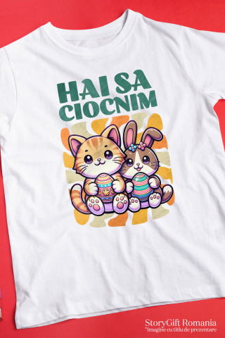 Tricou Femei, Barbati, Copii, Fata, Baiat, Unisex Personalizat "Pisica Portocalie și Iepure Cu Ouă Colorate - Hai Să Ciocnim Paște Fericit" [2]