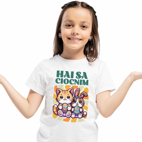 Tricouri - Tricou Femei, Barbati, Copii, Fata, Baiat, Unisex Personalizat "Pisica Portocalie și Iepure Cu Ouă Colorate - Hai Să Ciocnim Paște Fericit"