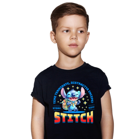 Educatie - Tricou Copii cu Joaca si Invata cu Stitch 100% Bumbac, Negru, 12 Ani