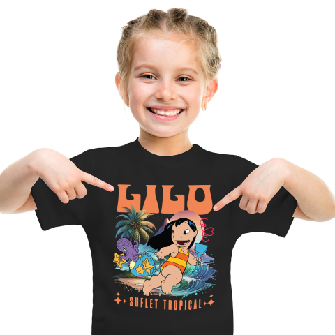 Tricouri - Tricou Copii cu Lilo – aventuri in Hawaii 100% Bumbac, Negru, 8 Ani