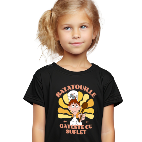 Tricouri - Tricou Copii cu Linguini si Remy – Prietenie in Bucatarie 100% Bumbac, Negru, 10 Ani