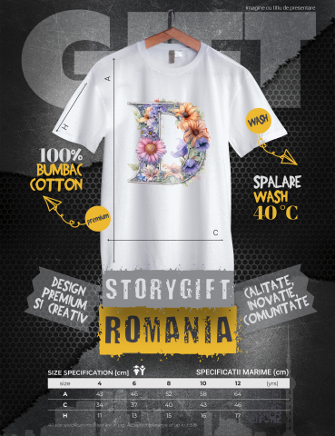 Tricou Copii cu litera "D", ilustratie, pentru copii, scoala, elev, flori, invata, scris, abecedar, clasa I  100% Bumbac, Unisex, Alb, 8 Ani, 52CM [2]
