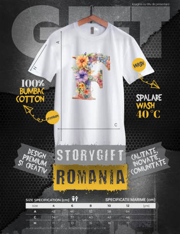 Tricou Copii cu litera "F", ilustratie, pentru copii, scoala, elev, flori, abecedar, alfabet  100% Bumbac, Unisex, Alb, 10 Ani, 58CM [2]