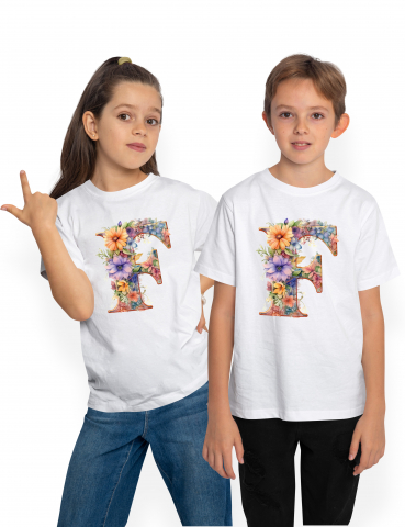 Tricouri Copii - Tricou Copii cu litera "F", ilustratie, pentru copii, scoala, elev, flori, abecedar, alfabet  100% Bumbac, Unisex, Alb, 10 Ani, 58CM