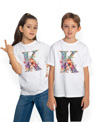 Copii Unisex - 6 Ani - Tricou Copii cu litera "K", ilustratie, pentru copii, scoala, elev, flori, abecedar, alfabet  100% Bumbac, Unisex, Alb, 6 Ani, 46CM