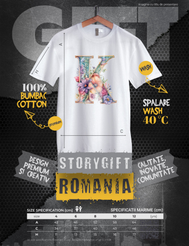 Tricou Copii cu litera "K", ilustratie, pentru copii, scoala, elev, flori, abecedar, alfabet  100% Bumbac, Unisex, Alb, 6 Ani, 46CM [1]