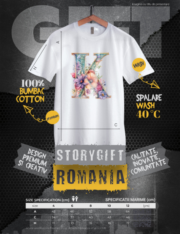 Tricou Copii cu litera "K", ilustratie, pentru copii, scoala, elev, flori, abecedar, alfabet  100% Bumbac, Unisex, Alb, 6 Ani, 46CM [2]