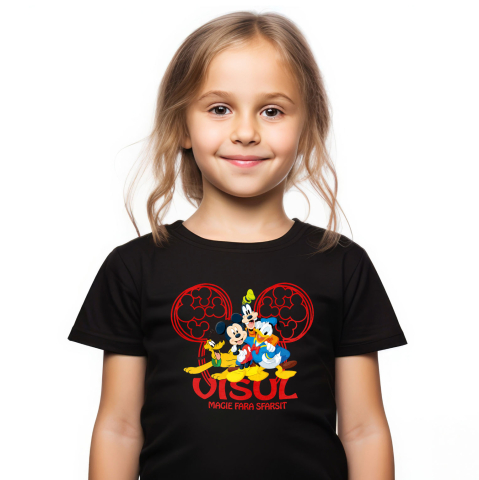 Desene Animate - Tricou Copii cu Mickey, Goofy, Donald, Pluto – Prieteni Veseli 100% Bumbac, Negru, 10 Ani