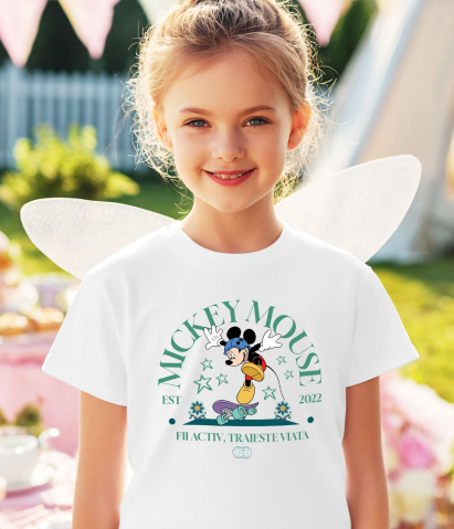 Tricou Copii cu Mickey in Miscarе pe Skateboard 100% Bumbac, Alb, 8 Ani [2]