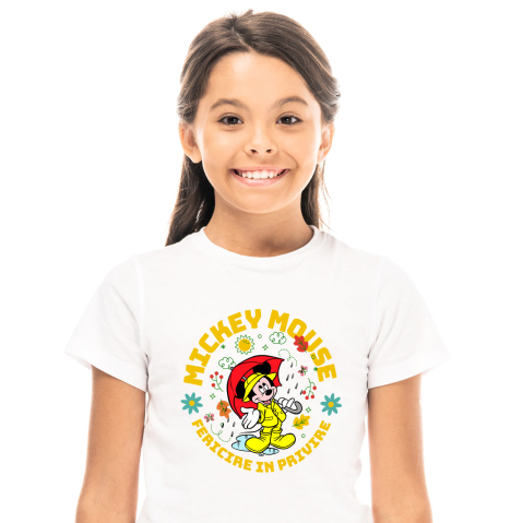 Desene Animate - Tricou Copii cu Mickey Mouse – Aventura Sub Umbrela in Zi de Ploaie 100% Bumbac, Alb, 12 Ani