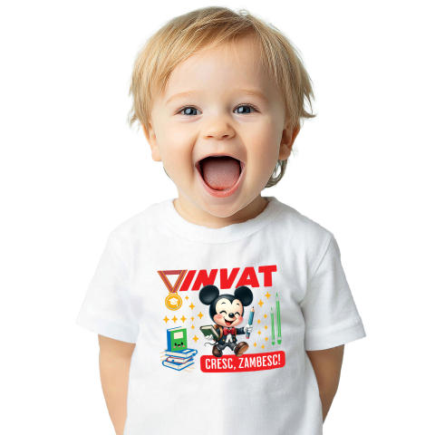 Educatie - Tricou Copii cu Mickey Mouse – Invatam, Zambim, Crestem 100% Bumbac, Alb, 8 Ani