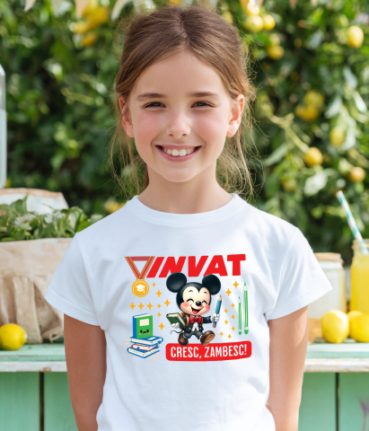 Tricou Copii cu Mickey Mouse – Invatam, Zambim, Crestem 100% Bumbac, Alb, 8 Ani [3]